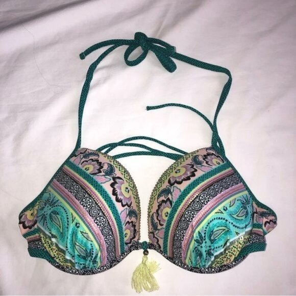 Shade & Shore Swim Bikini Top Size 34DD Blue Green Print Tassel Gold Beading - Picture 2 of 5